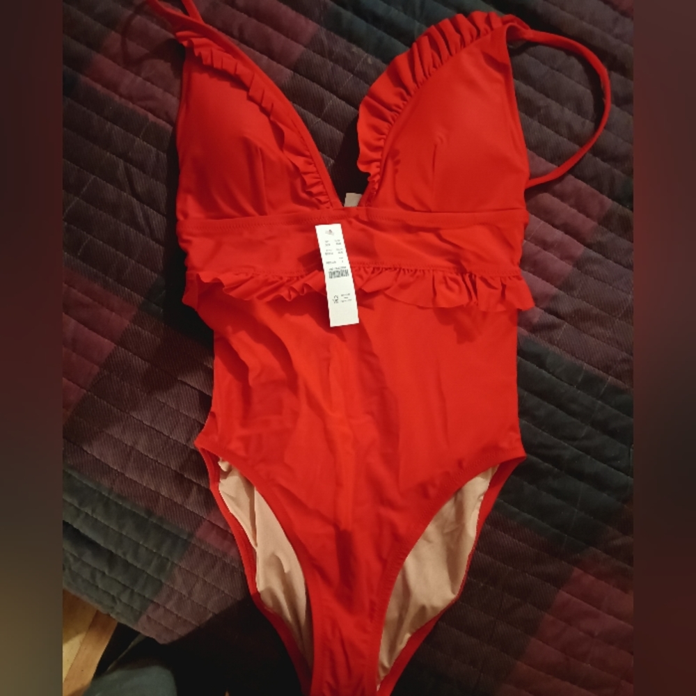 Long-torso ruffle plunge V-neck one-piece